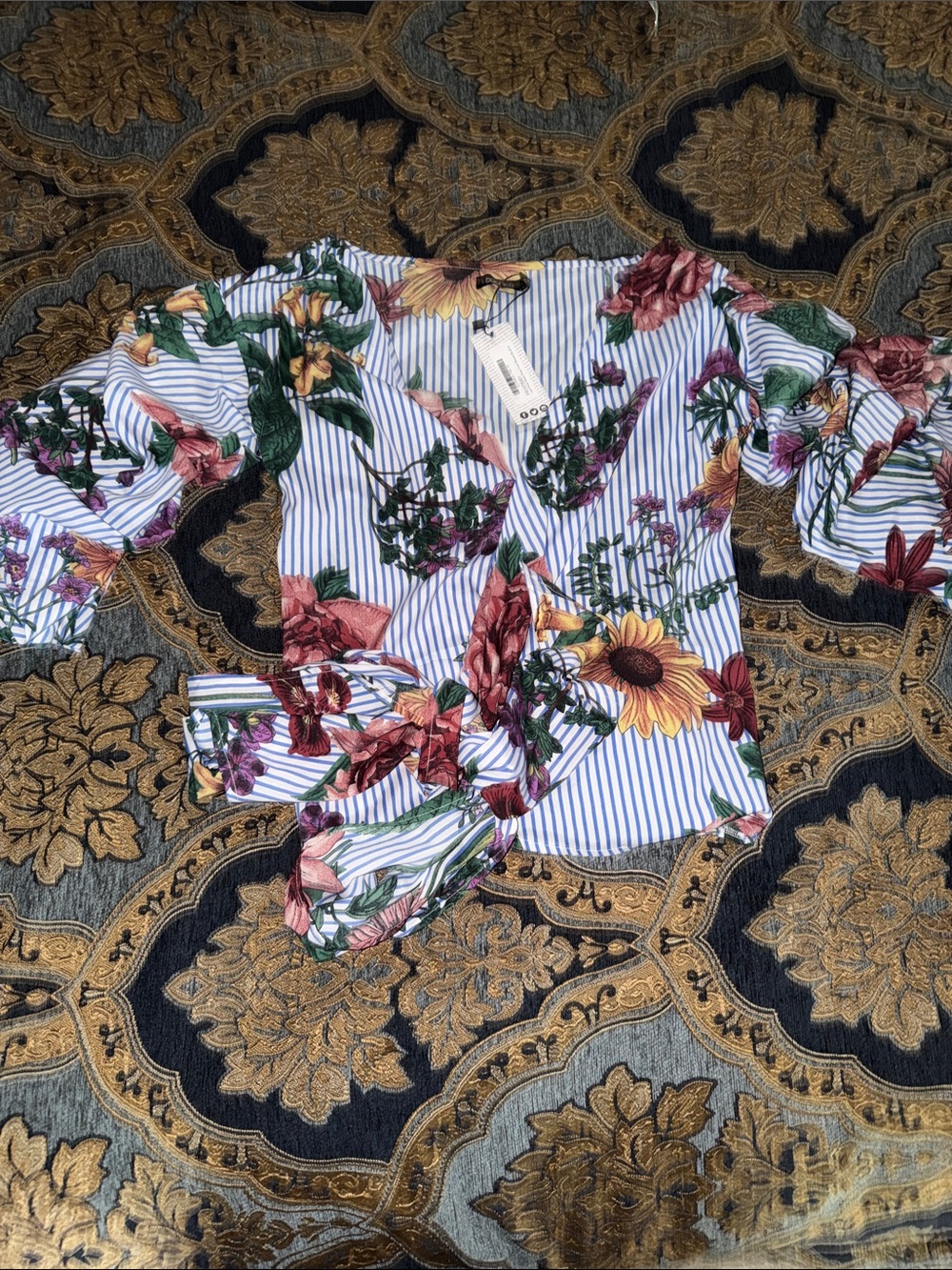 Boohoo Blue & White Striped Floral Wrap Top